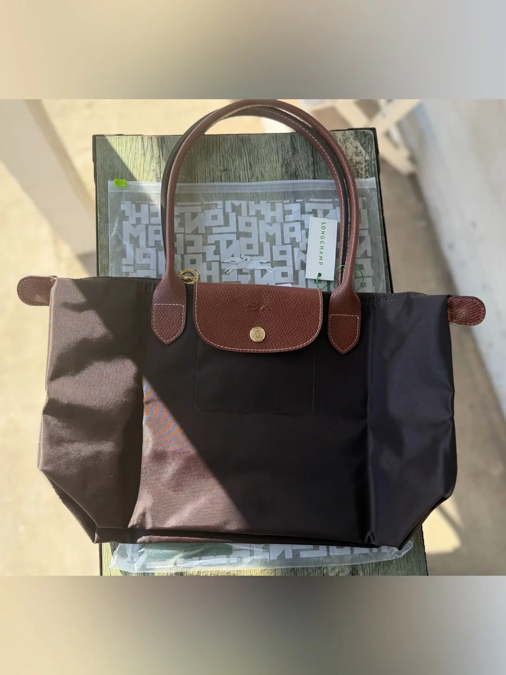 Longchamp Dark Brown Nylon Shoulder Bag with Brown Leather Trim -16in